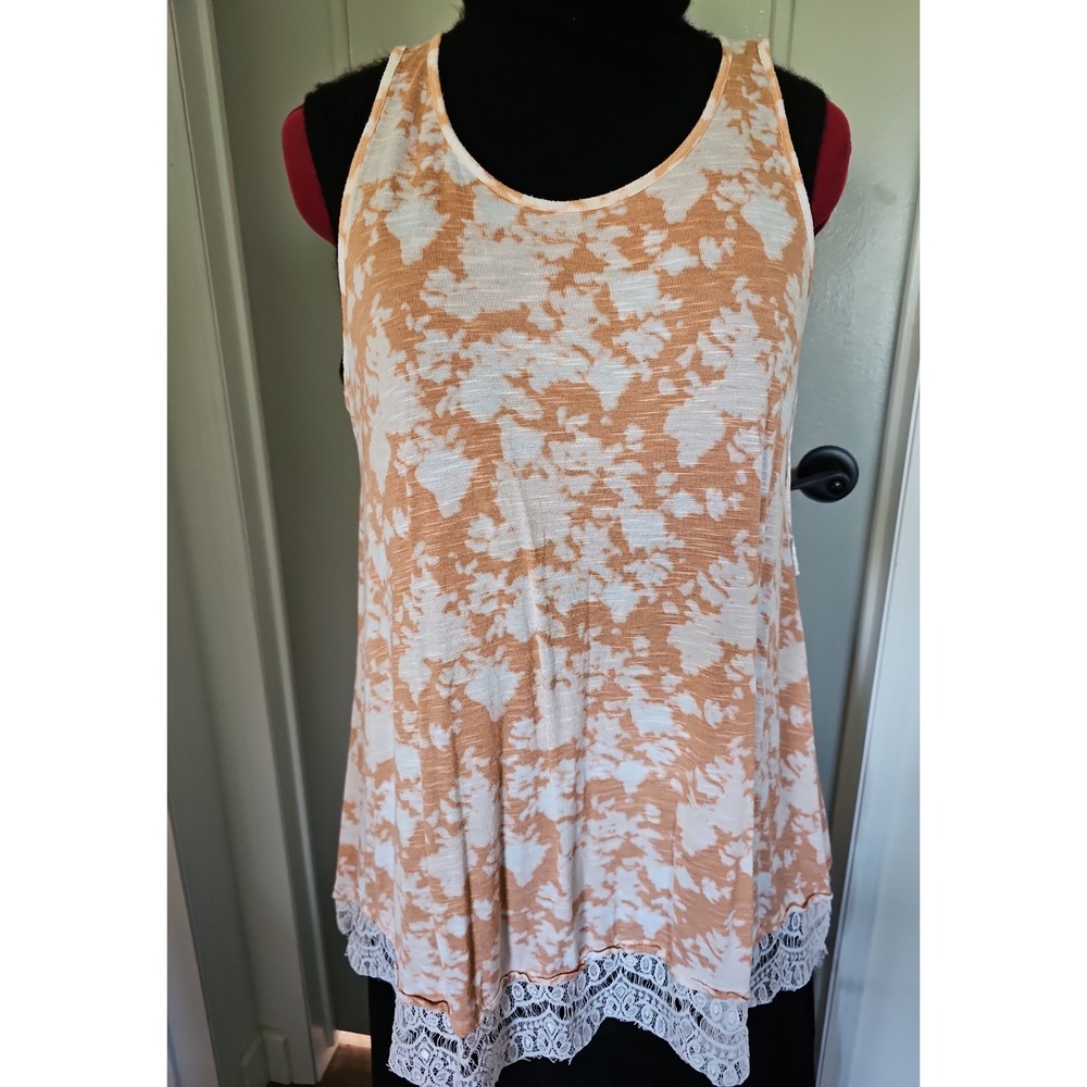 All At Once Peach Floral Lace Hem Tunic Top Medium Boho